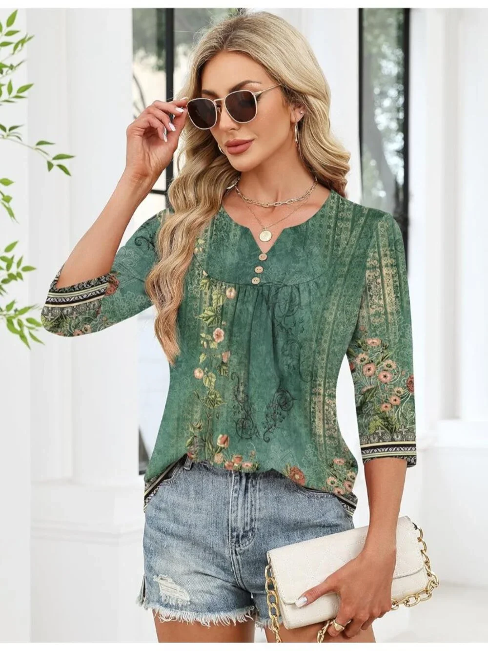 Women's Green Floral Long Sleeve V Neck Casual Henley Blouses Tops T Shirt